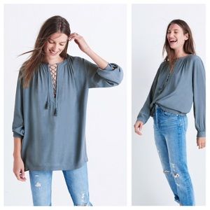 Madewell Lace Up Peasant Long Sleeve Blouse Top